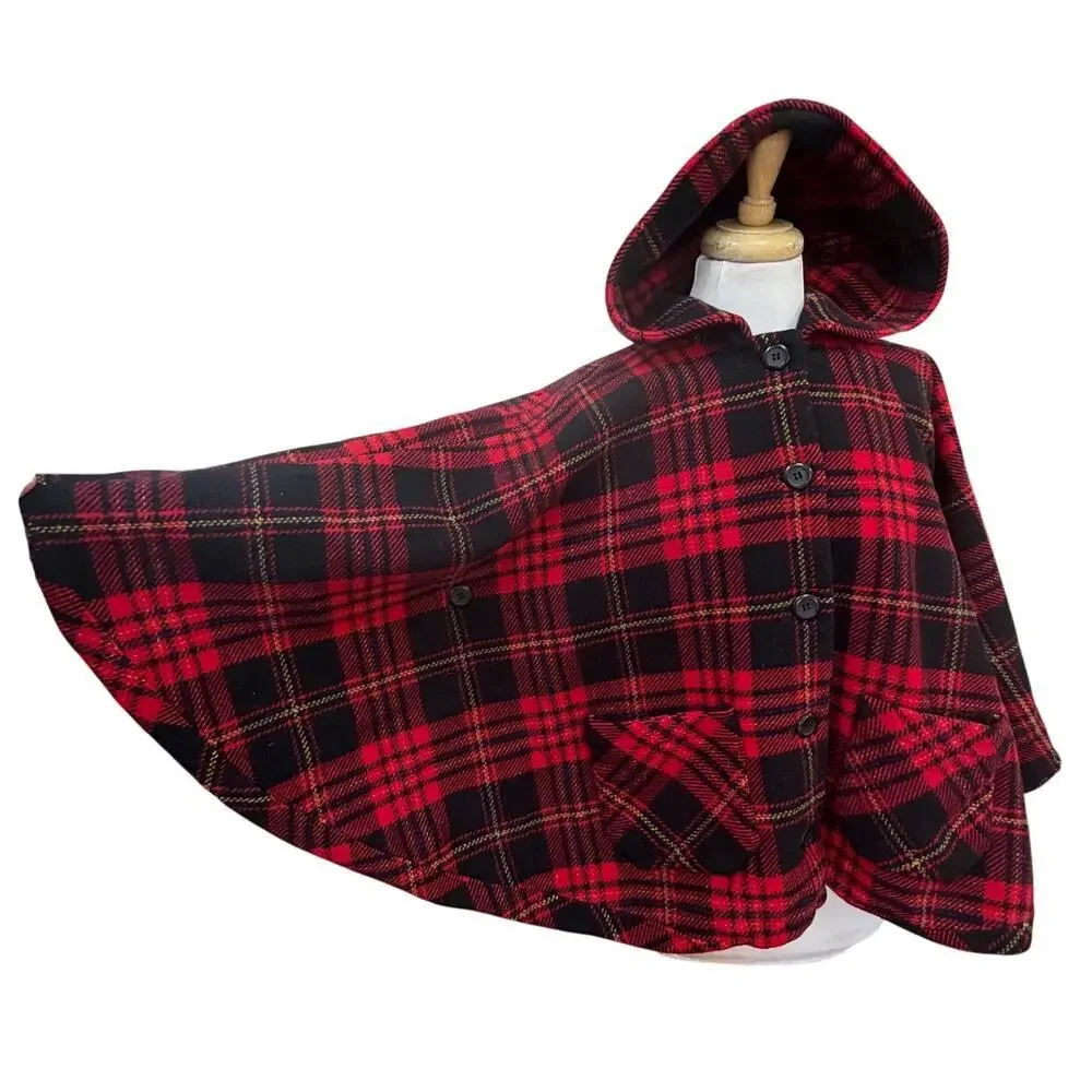 Pendleton Vintage Red Black Plaid Wool Hooded Cape Poncho Made USA OS